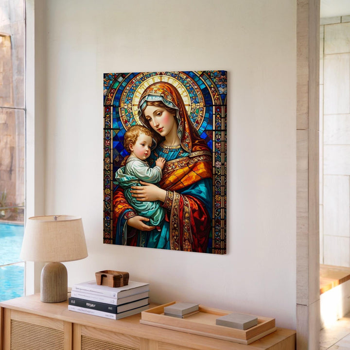 Stained Glass Virgin Mary and Baby Jesus Canvas – Vibrant Sacred Art - Gifitto