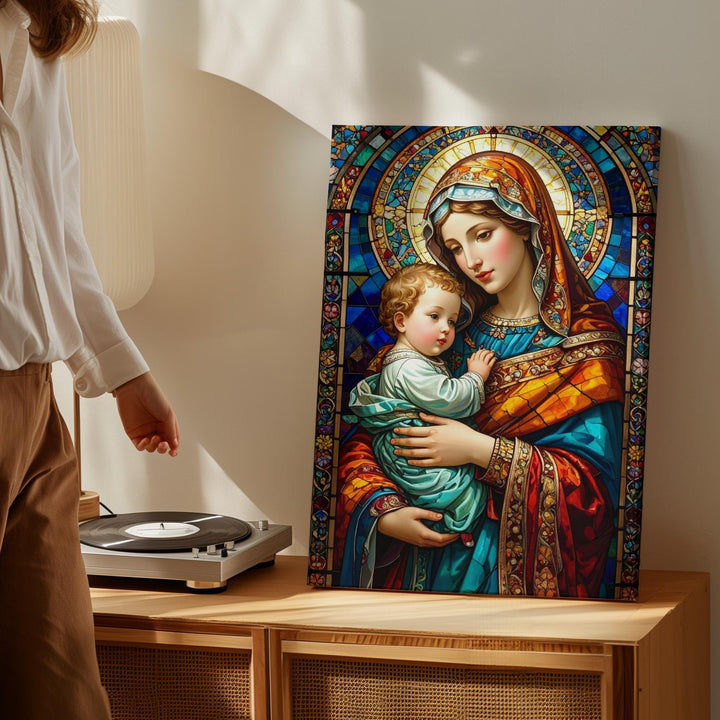 Stained Glass Virgin Mary and Baby Jesus Canvas – Vibrant Sacred Art - Gifitto