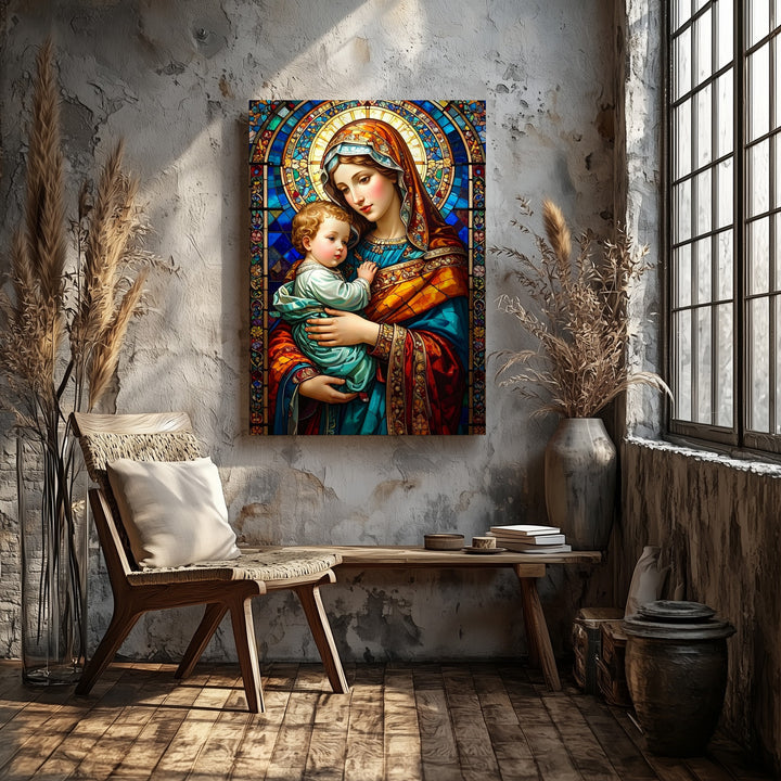 Stained Glass Virgin Mary and Baby Jesus Canvas – Vibrant Sacred Art - Gifitto