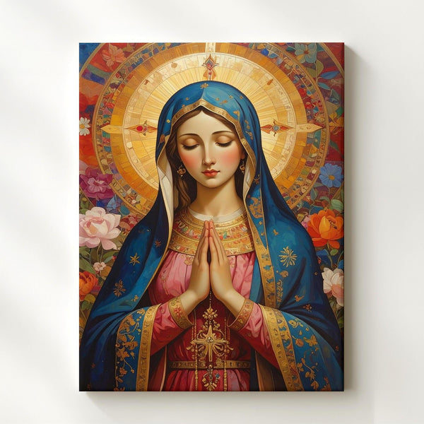 Folk Art Virgin Mary Canvas – Blue & Gold Cloak with Floral Halo - Gifitto