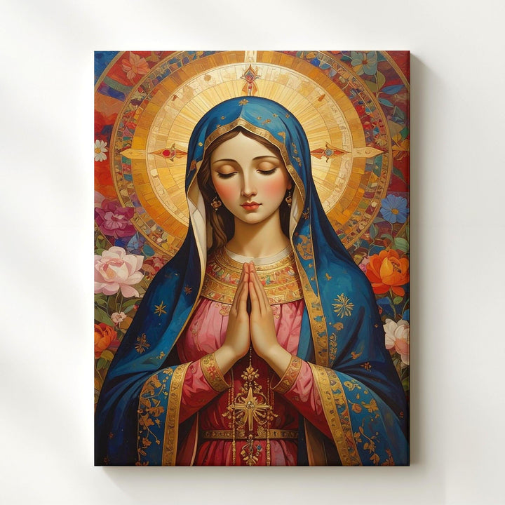 Folk Art Virgin Mary Canvas – Blue & Gold Cloak with Floral Halo - Gifitto
