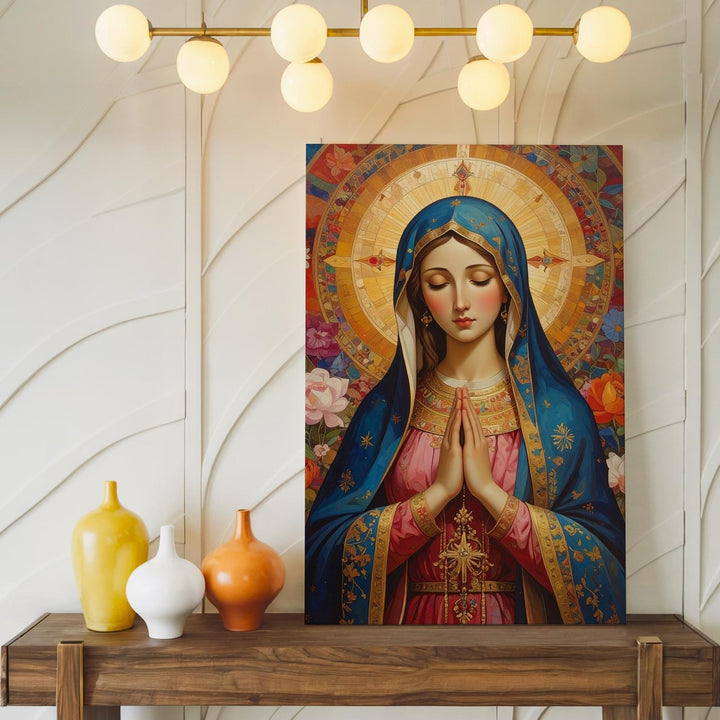 Folk Art Virgin Mary Canvas – Blue & Gold Cloak with Floral Halo - Gifitto