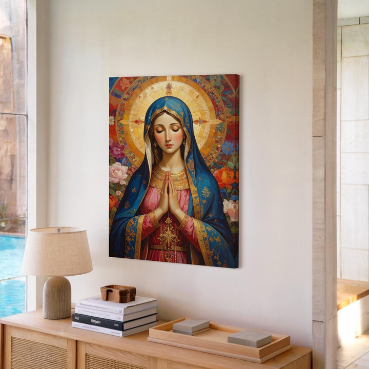 Folk Art Virgin Mary Canvas – Blue & Gold Cloak with Floral Halo - Gifitto