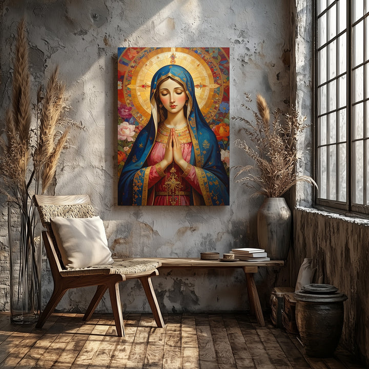 Folk Art Virgin Mary Canvas – Blue & Gold Cloak with Floral Halo - Gifitto