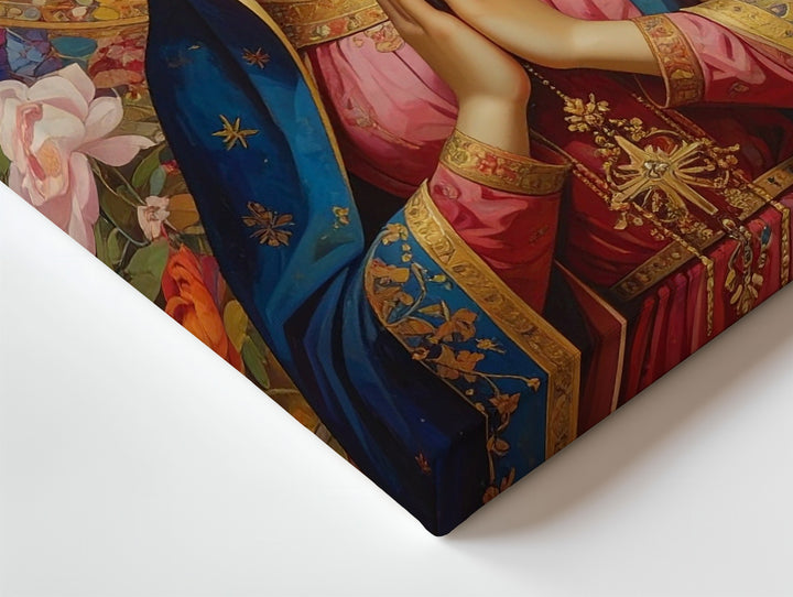 Folk Art Virgin Mary Canvas – Blue & Gold Cloak with Floral Halo - Gifitto