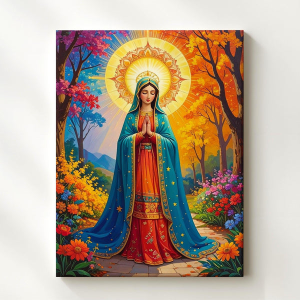 Our Lady of Guadalupe Canvas – Turquoise Robe & Autumn Nature Setting - Gifitto