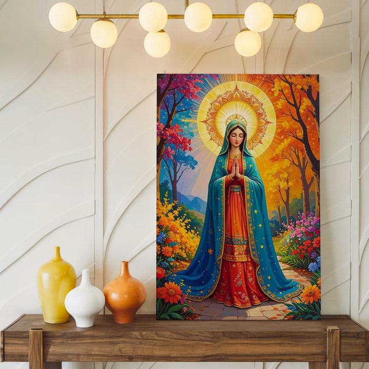 Our Lady of Guadalupe Canvas – Turquoise Robe & Autumn Nature Setting - Gifitto