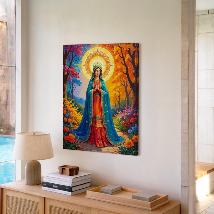 Our Lady of Guadalupe Canvas – Turquoise Robe & Autumn Nature Setting - Gifitto