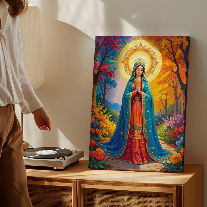 Our Lady of Guadalupe Canvas – Turquoise Robe & Autumn Nature Setting - Gifitto
