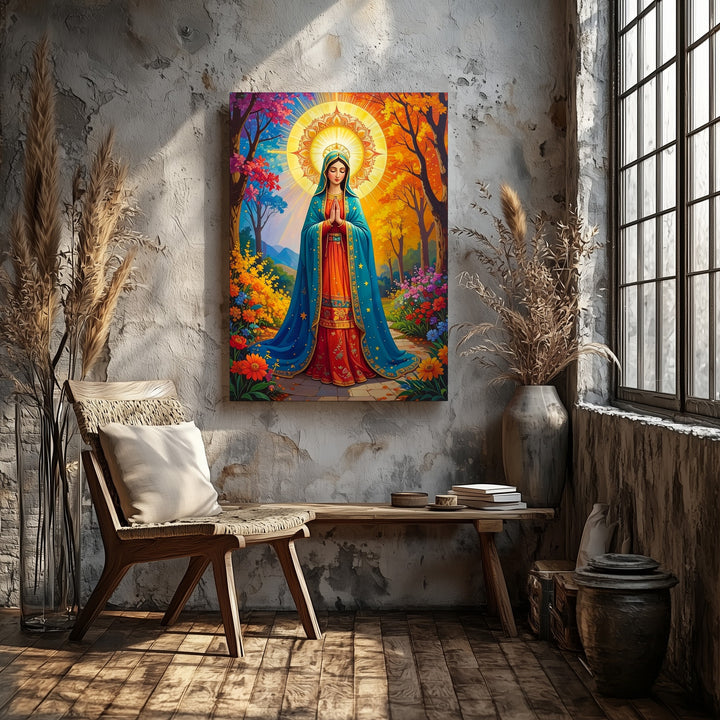 Our Lady of Guadalupe Canvas – Turquoise Robe & Autumn Nature Setting - Gifitto