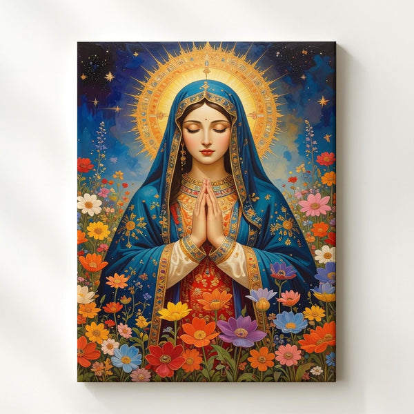 Floral Virgin Mary Canvas – Blue Cloak, Golden Halo & Multicolor Blooms - Gifitto