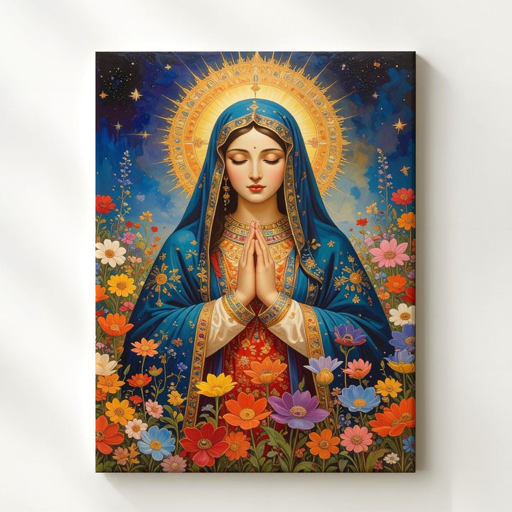 Floral Virgin Mary Canvas – Blue Cloak, Golden Halo & Multicolor Blooms - Gifitto