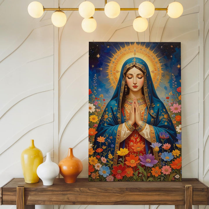 Floral Virgin Mary Canvas – Blue Cloak, Golden Halo & Multicolor Blooms - Gifitto