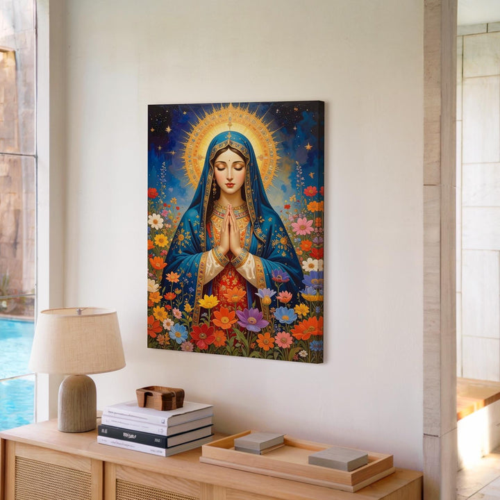 Floral Virgin Mary Canvas – Blue Cloak, Golden Halo & Multicolor Blooms - Gifitto