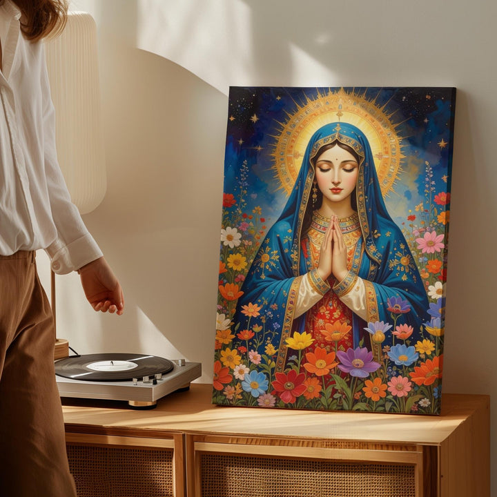 Floral Virgin Mary Canvas – Blue Cloak, Golden Halo & Multicolor Blooms - Gifitto
