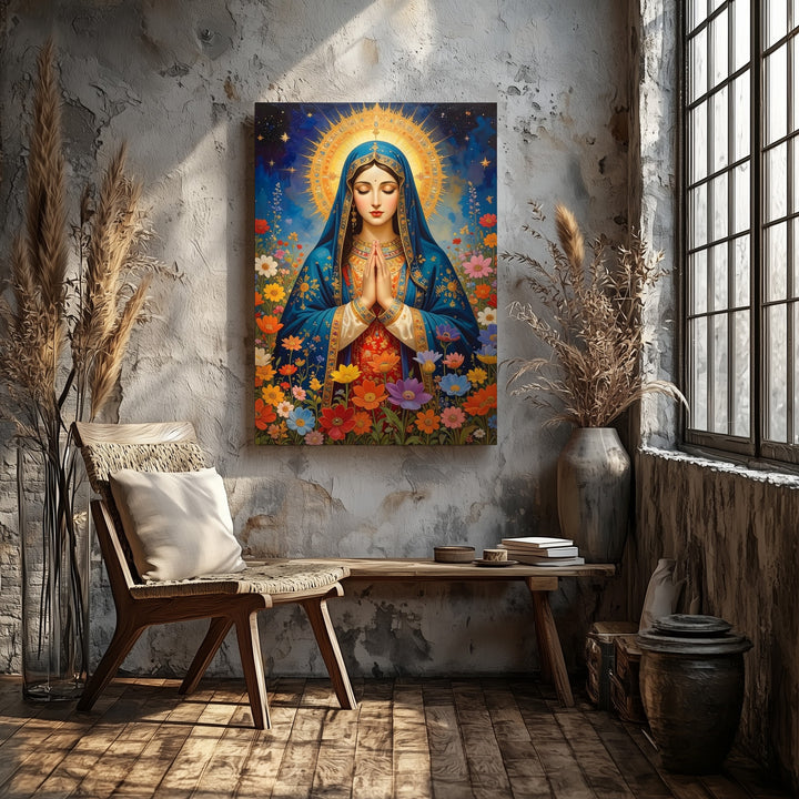 Floral Virgin Mary Canvas – Blue Cloak, Golden Halo & Multicolor Blooms - Gifitto