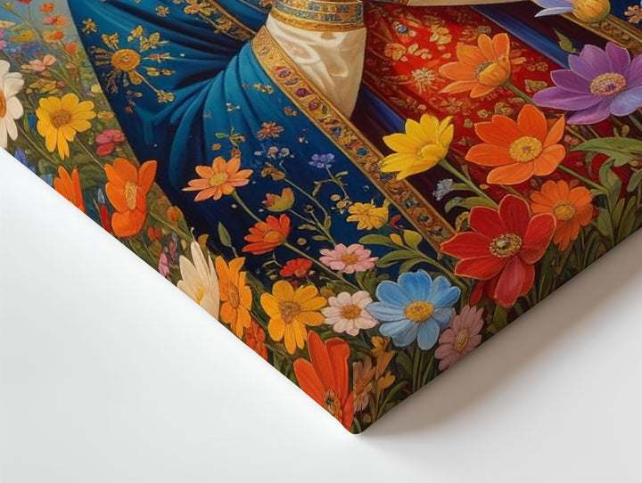 Floral Virgin Mary Canvas – Blue Cloak, Golden Halo & Multicolor Blooms - Gifitto
