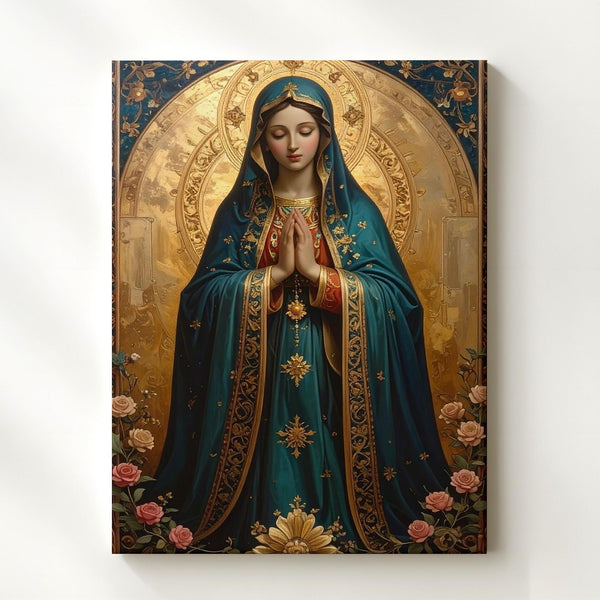 Devotional Virgin Mary Canvas – Teal Robe, Golden Halo & Floral Light - Gifitto