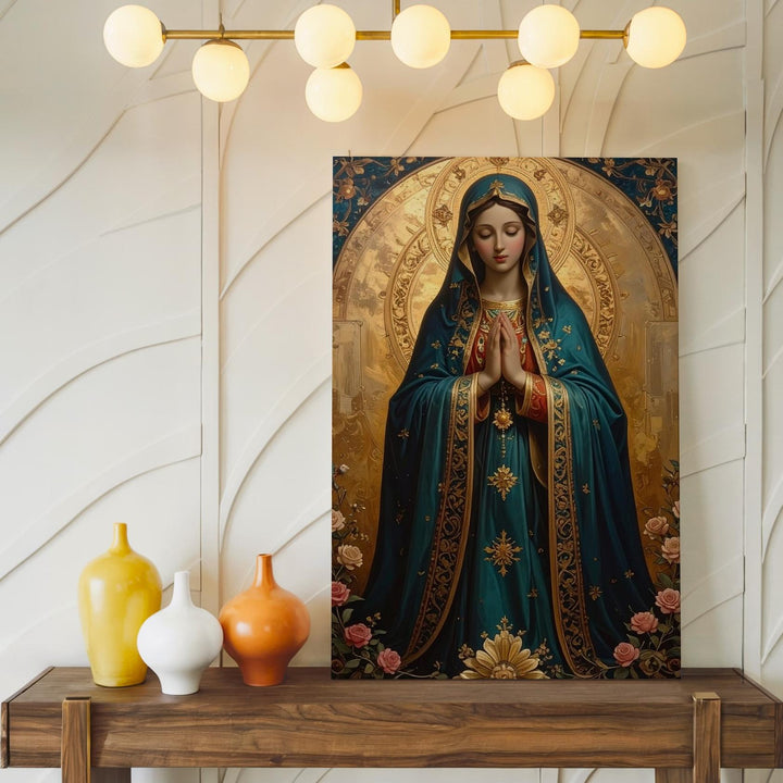 Devotional Virgin Mary Canvas – Teal Robe, Golden Halo & Floral Light - Gifitto
