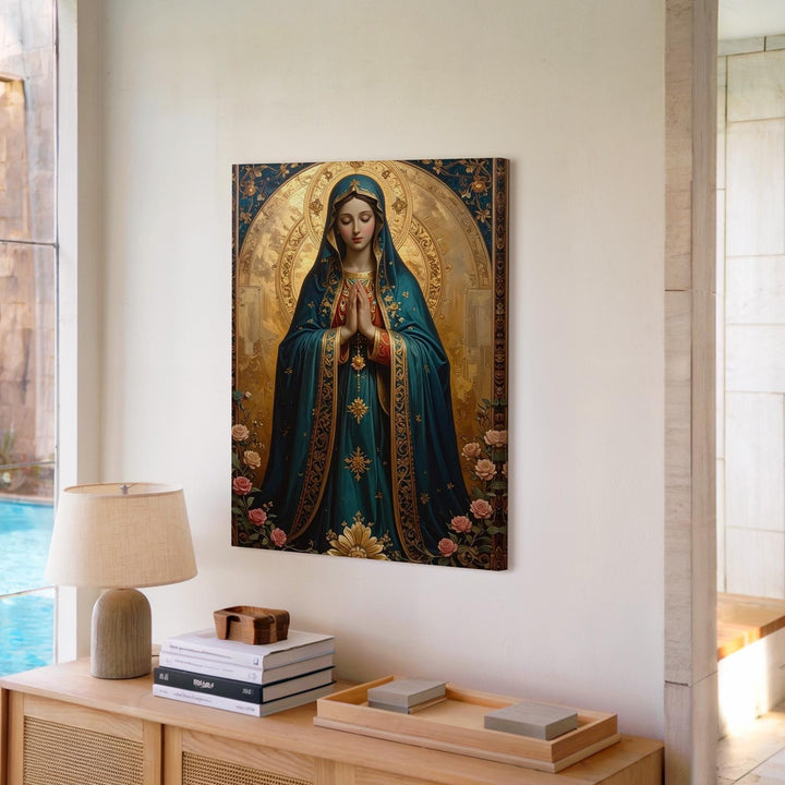 Devotional Virgin Mary Canvas – Teal Robe, Golden Halo & Floral Light - Gifitto