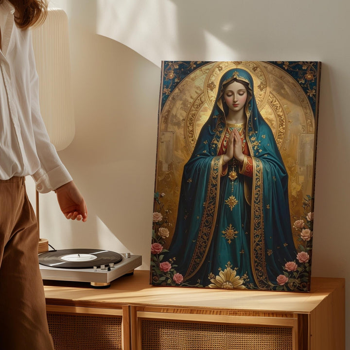 Devotional Virgin Mary Canvas – Teal Robe, Golden Halo & Floral Light - Gifitto