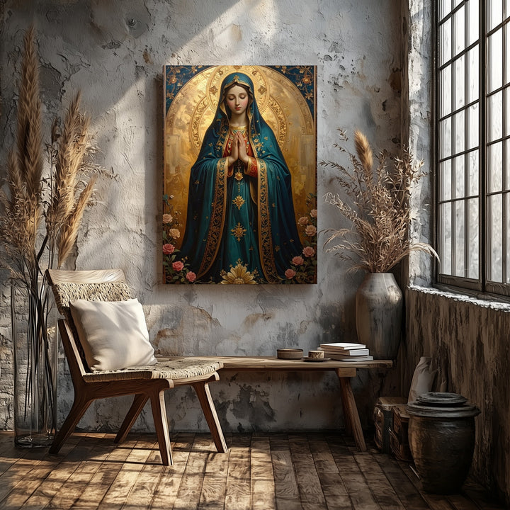 Devotional Virgin Mary Canvas – Teal Robe, Golden Halo & Floral Light - Gifitto