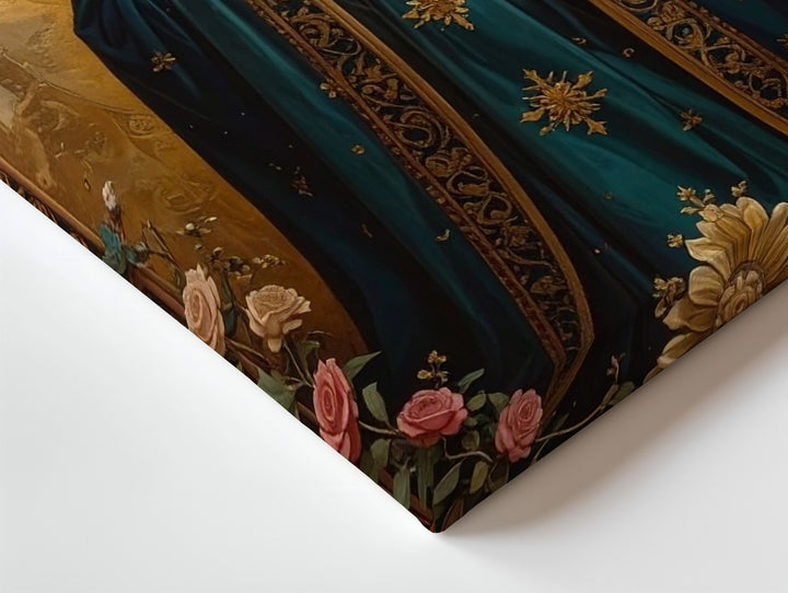 Devotional Virgin Mary Canvas – Teal Robe, Golden Halo & Floral Light - Gifitto