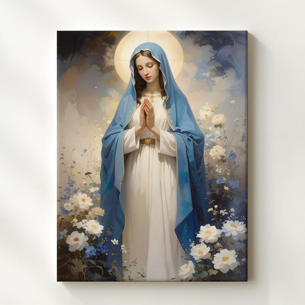 Graceful Virgin Mary Canvas – Blue Mantle with Floral Arch & Divine Light - Gifitto