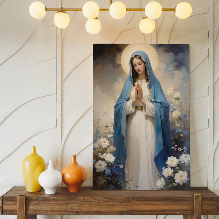 Graceful Virgin Mary Canvas – Blue Mantle with Floral Arch & Divine Light - Gifitto