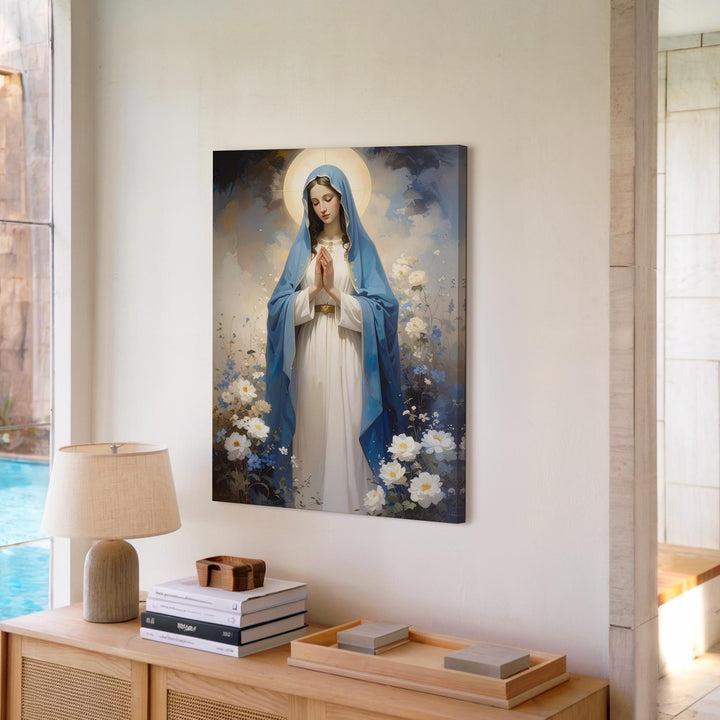 Graceful Virgin Mary Canvas – Blue Mantle with Floral Arch & Divine Light - Gifitto