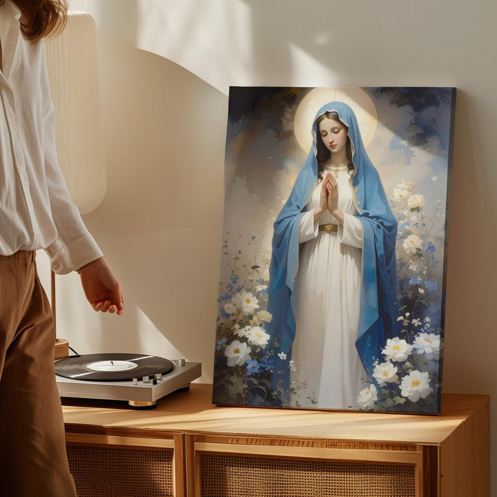 Graceful Virgin Mary Canvas – Blue Mantle with Floral Arch & Divine Light - Gifitto