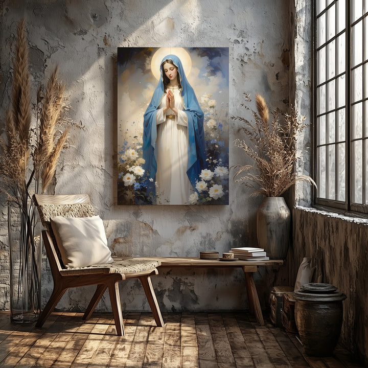 Graceful Virgin Mary Canvas – Blue Mantle with Floral Arch & Divine Light - Gifitto