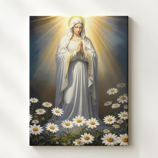 Virgin Mary in Divine Light Canvas – White Robe & Daisies in Prayer - Gifitto