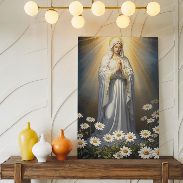 Virgin Mary in Divine Light Canvas – White Robe & Daisies in Prayer - Gifitto