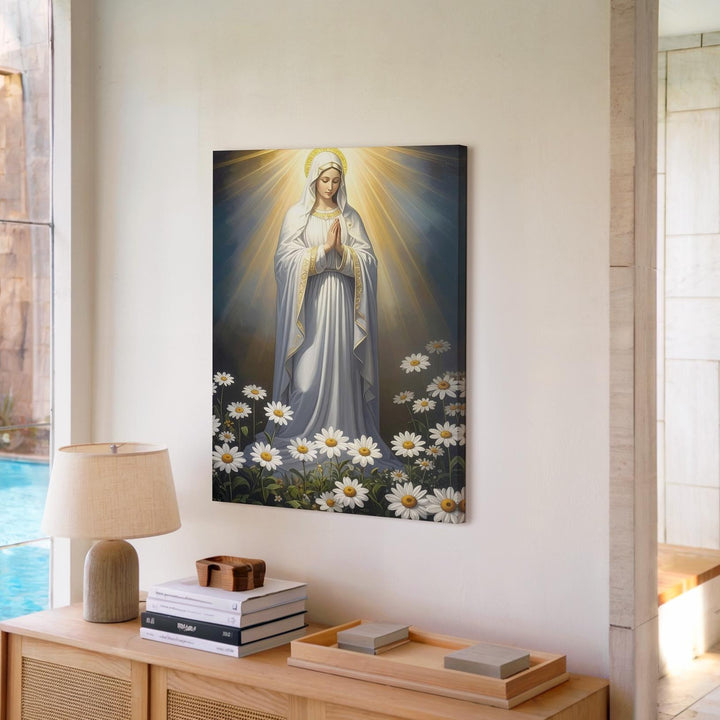 Virgin Mary in Divine Light Canvas – White Robe & Daisies in Prayer - Gifitto