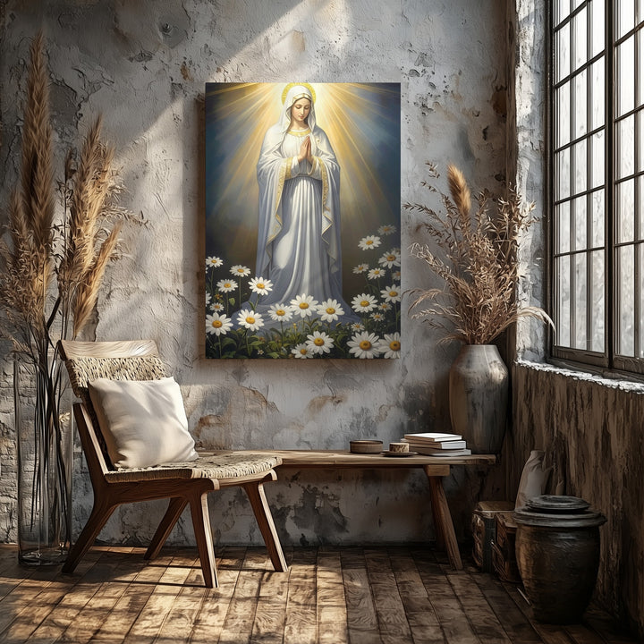 Virgin Mary in Divine Light Canvas – White Robe & Daisies in Prayer - Gifitto