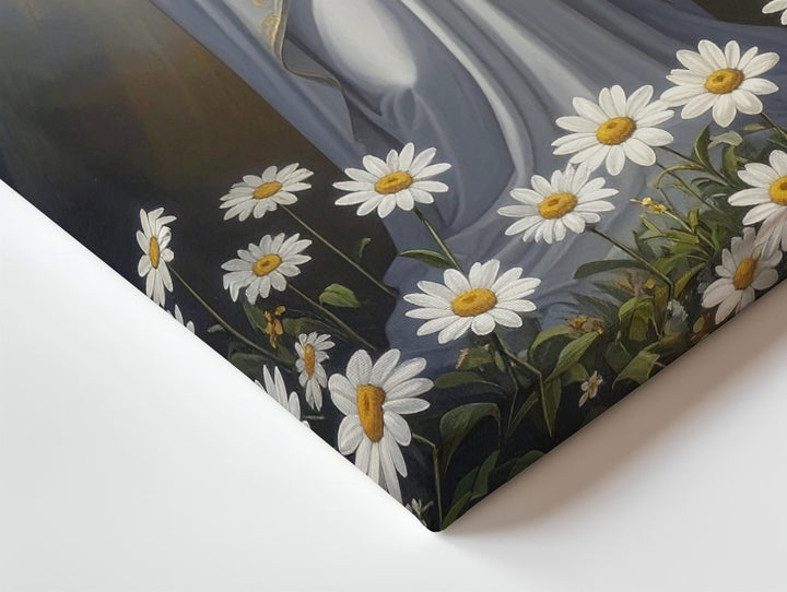 Virgin Mary in Divine Light Canvas – White Robe & Daisies in Prayer - Gifitto