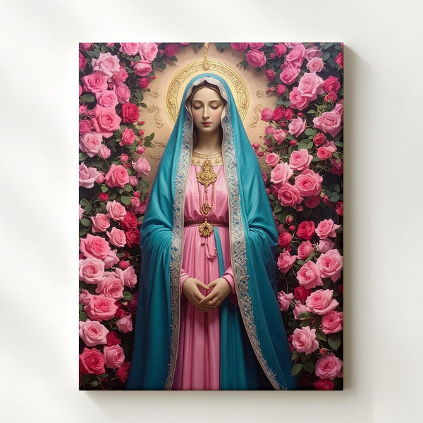 Floral Virgin Mary Canvas – Turquoise Robe with Pink Roses & Divine Glow - Gifitto