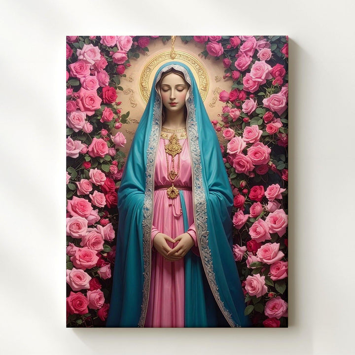 Floral Virgin Mary Canvas – Turquoise Robe with Pink Roses & Divine Glow - Gifitto