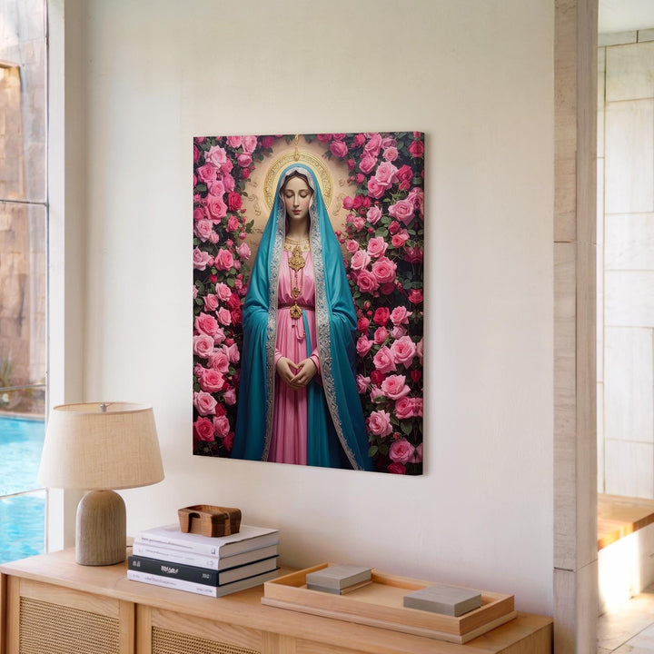 Floral Virgin Mary Canvas – Turquoise Robe with Pink Roses & Divine Glow - Gifitto