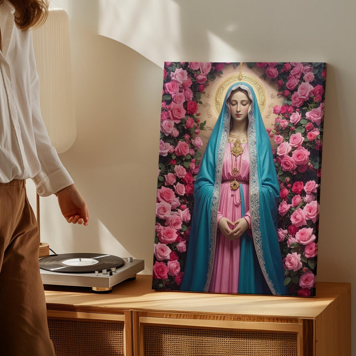 Floral Virgin Mary Canvas – Turquoise Robe with Pink Roses & Divine Glow - Gifitto
