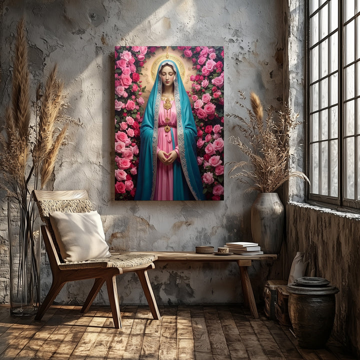Floral Virgin Mary Canvas – Turquoise Robe with Pink Roses & Divine Glow - Gifitto