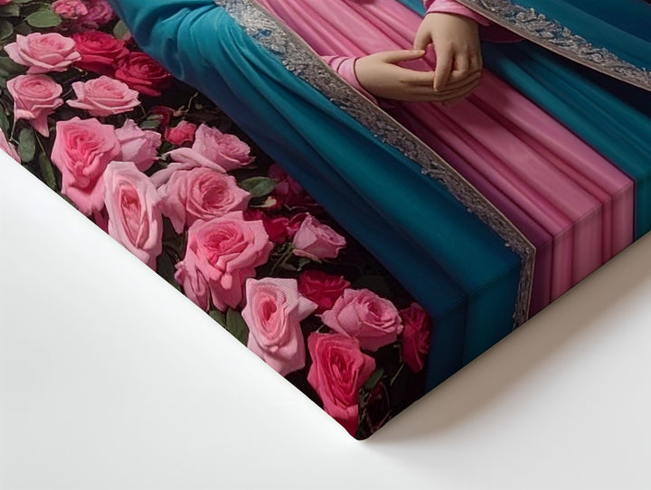 Floral Virgin Mary Canvas – Turquoise Robe with Pink Roses & Divine Glow - Gifitto