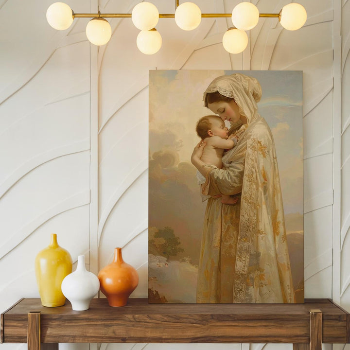 Virgin Mary and Baby Jesus Canvas – Sacred Embrace with Golden Light - Gifitto