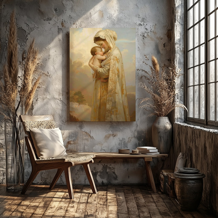 Virgin Mary and Baby Jesus Canvas – Sacred Embrace with Golden Light - Gifitto