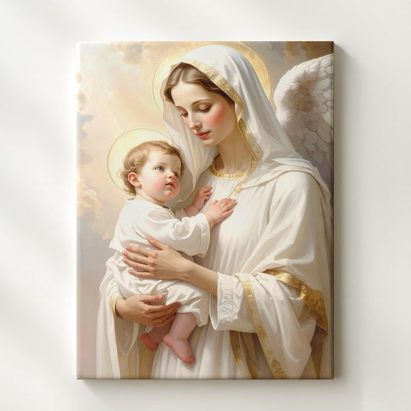 Heavenly Virgin Mary and Baby Jesus Canvas – White Robe, Halos & Angelic Light - Gifitto
