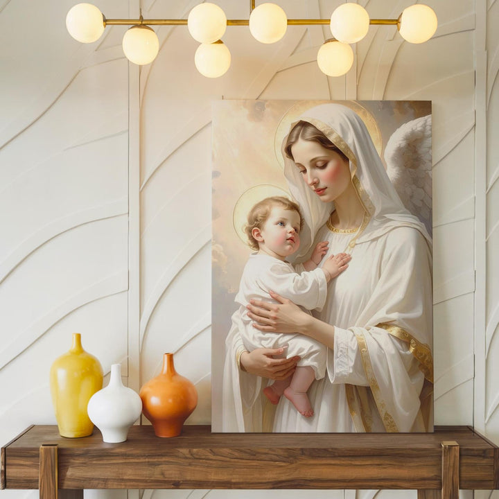 Heavenly Virgin Mary and Baby Jesus Canvas – White Robe, Halos & Angelic Light - Gifitto
