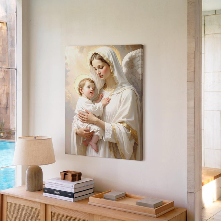 Heavenly Virgin Mary and Baby Jesus Canvas – White Robe, Halos & Angelic Light - Gifitto