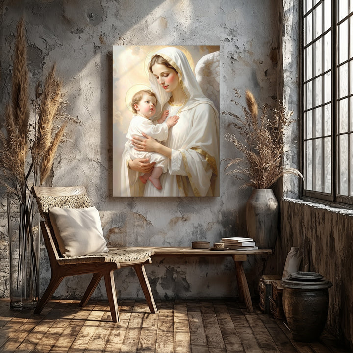 Heavenly Virgin Mary and Baby Jesus Canvas – White Robe, Halos & Angelic Light - Gifitto