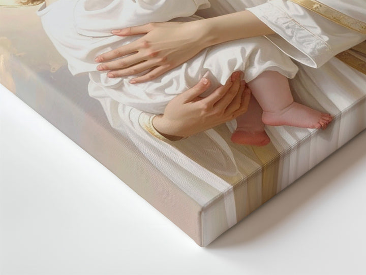 Heavenly Virgin Mary and Baby Jesus Canvas – White Robe, Halos & Angelic Light - Gifitto
